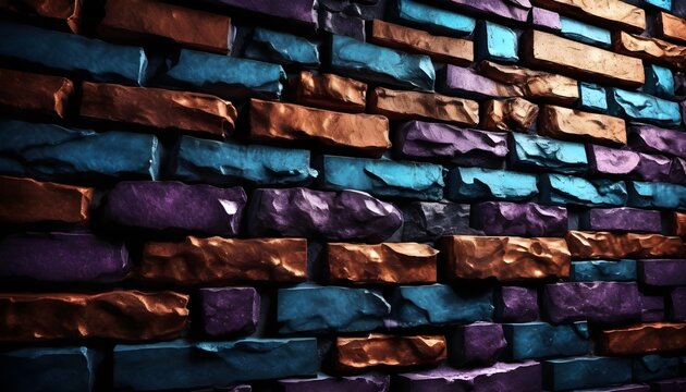 sideview of an old obsidian lavic blue and purple bricks brickwall