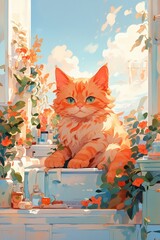 Cozy Afternoon Bliss: Ginger Cat Lounging by a Sunny Window with Blooming Flowers