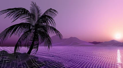 Keuken spatwand met foto Futuristic retro landscape of the 80`s. Futuristic illustration of sun with mountains in retro style. Digital Retro Cyber Surface. Suitable for design in the style of the 1980`s.   © acid2728k