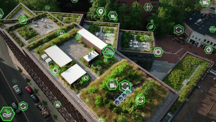 Modern Eco-friendly urban rooftop gardens with environmental protection icons and carbon emissions...