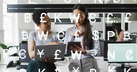 Animation of currency icons and data processing over diverse businesspeople in office - Powered by Adobe