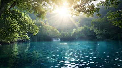 Fototapeta premium A serene blue lake nestled within a dense forest, sunlight filtering through the canopy, creating dappled patterns on the water's surface