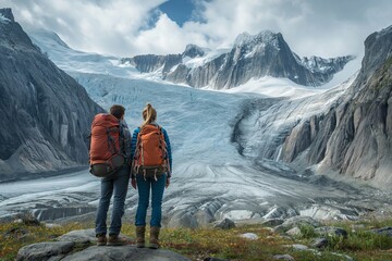 Fototapeta premium Hikers in awe in front of a glacier wall in the mountains