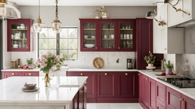 Modern cottage burgundy kitchen with modern fittings and marble countertops