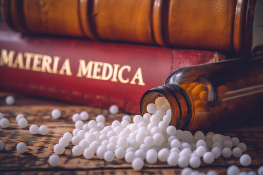 White homeopathy pills spilled from a glass bottle, with a book of homeopathic remedies in the background