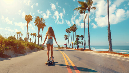 beautiful blonde hair young slim woman on longboard moving down the street under palm trees to the beach under summer suN. Gorgeous human beauty, fashion, vacations and active lifestyle concept image - obrazy, fototapety, plakaty