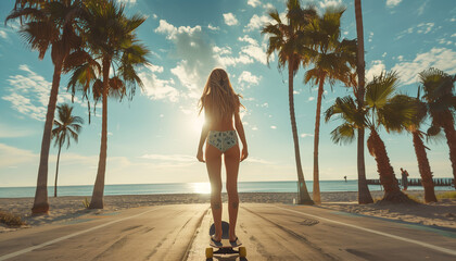beautiful blonde hair young slim woman on longboard moving down the street under palm trees to the beach under summer suN. Gorgeous human beauty, fashion, vacations and active lifestyle concept image - obrazy, fototapety, plakaty