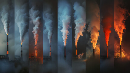 Environmental issue concept of pollution. Chimneys emitting smoke.