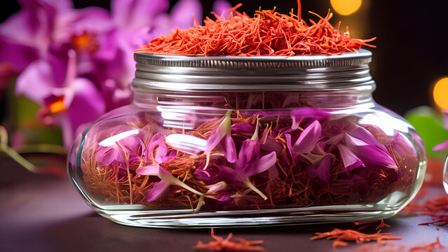 The most Expensive spice Dry Saffron Stamens filled in a Glass Jar - Powered by Adobe