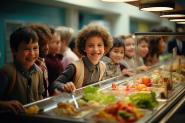 A schoolchild in the school cafeteria. Time of lunch break, peculiarities of the school meal, snack