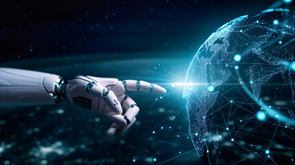 The technology concept, hands of human and robot touch digital white glow earth globe, Technology concept, generative ai