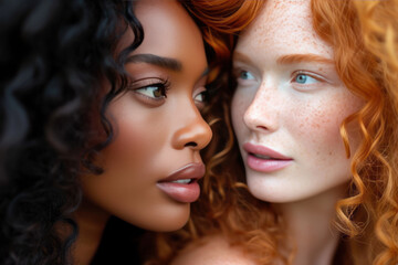 Obraz premium Close-up portrait of two diverse young women with long wavy hair. Charming models with different skin and hair colors. Stylist and hairdresser concept. Beauty and diversity.