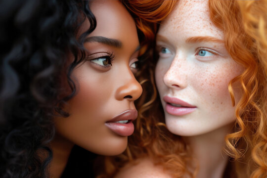 Close-up portrait of two diverse young women with long wavy hair. Charming models with different skin and hair colors. Stylist and hairdresser concept. Beauty and diversity.