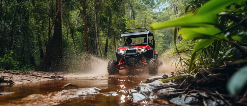 A buggy rides at through the jungle. Extreme. Splashes, dirt, branches, stones. Off-road racing. Auto-sport. Generative ai. Jungle. Sport