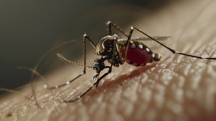 large mosquito biting a human on the arm with a full tail