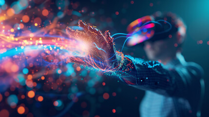 The Business Concept, Businessman wear version VR touch Digital dots lines, technology concept, generative ai