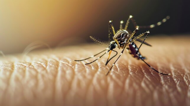 large mosquito biting a human on the arm with its tail full of blood in high resolution and high quality 4K
