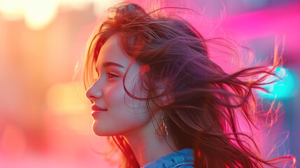 Fototapeta premium Close-up side portrait of attractive Caucasian young woman with long wavy brown hair. Charming model against bright neon background. Beautiful warm light of setting sun. Beauty and diversity.