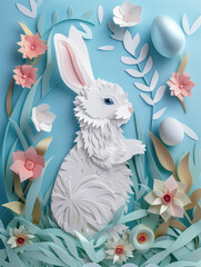3d paper cut greeting card with cute baby rabbit, flowers and eggs. Happy easter greeting card template.