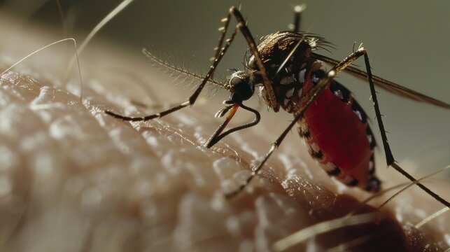 large mosquito biting a human on the arm with its tail full of blood in high resolution