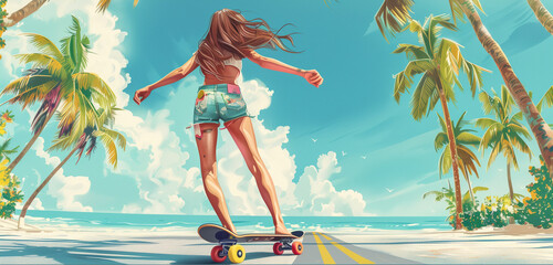 beautiful long hair young slim woman on longboard moving by street under palm trees to the beach under summer suN. Gorgeous human beauty, fashion, vacations and active lifestyle concept illustration - obrazy, fototapety, plakaty