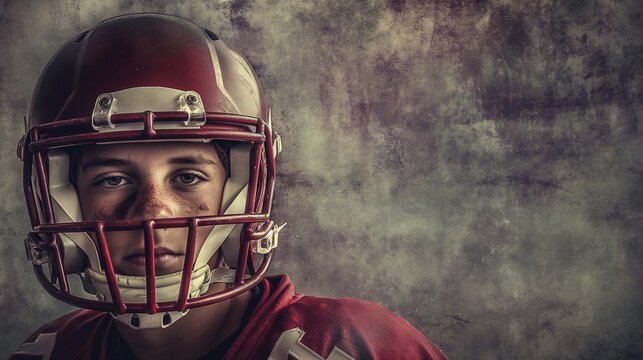 Close-up portrait of a focused American football player in red uniform with face paint on cheek
