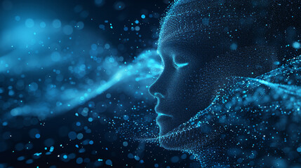 The Technology concept, blue glow Abstract digital human face, with connect blue digital waves, generative ai - obrazy, fototapety, plakaty
