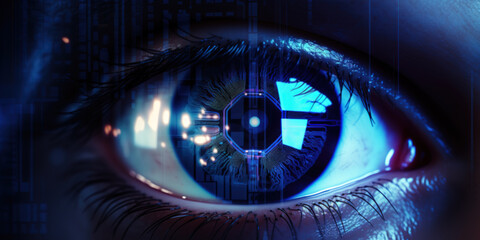 A close-up of a human eye with a futuristic cybernetic implant, glowing with digital overlays and neon lights, evoking a sense of advanced technology and surveillance