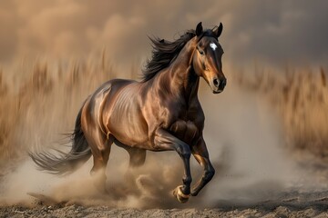 Obraz na płótnie Canvas A beautiful horse running and raising dust