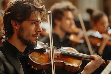 violinist playing in orchestra - obrazy, fototapety, plakaty