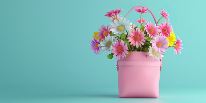 Pink leather bag full of colorful spring flowers on turquoise blue background with copy space