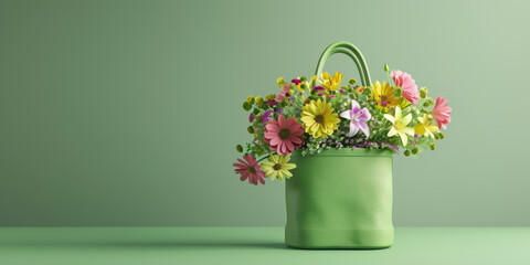 Green leather bag full of colorful spring flowers on green background with copy space