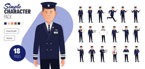 Simple flat British airline pilot vector character, in a set of multiple poses. Easy to edit and isolated on a white background. Modern trendy style character mega pack with lots of poses.
