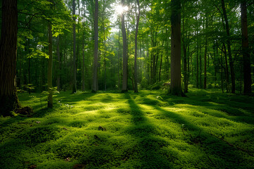 Landscape of green forest with dense trees - obrazy, fototapety, plakaty