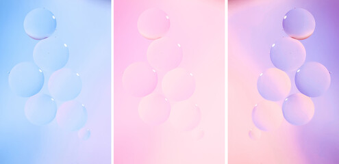 Macro drops of oil on the surface of the water. Delicate cosmetic bubbles background for advertising cosmetic products in soft blue pink lilac tones, gradient. set of 3 vertical photo