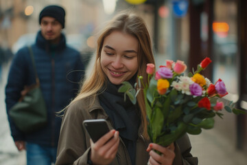 smiling girl, man and flowers