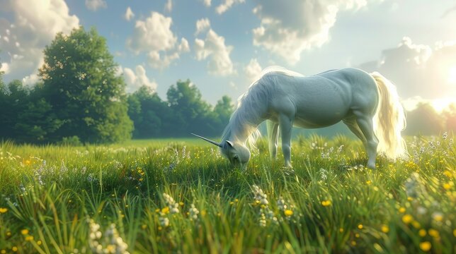 A realistic mythical unicorn grazes in a grassy field