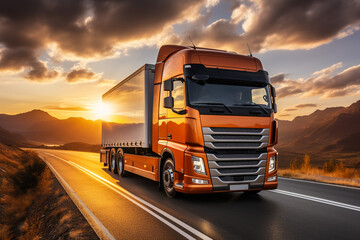 European truck vehicle on motorway with dramatic sunset light. Cargo transportation and supply theme.