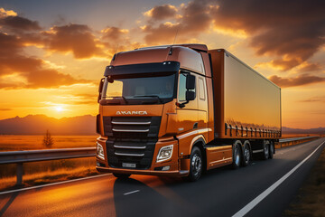 Fototapeta na wymiar European truck vehicle on motorway with dramatic sunset light. Cargo transportation and supply theme.