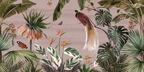 Tropical jungle pattern wallpaper with palm trees plants birds butterflies and birds of paradise on a pink background for wall print - obrazy, fototapety, plakaty