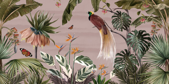 Tropical jungle pattern wallpaper with palm trees plants birds butterflies and birds of paradise on a pink background for wall print