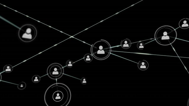 Animation of network of connections with icons on black background
