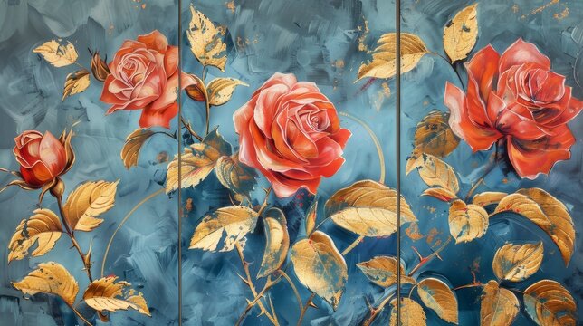 Oil painting with flower rose, gold leaves. Botanic print background on canvas