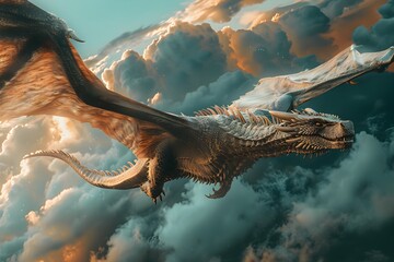 Dragon flying high in the cloudy sky - obrazy, fototapety, plakaty