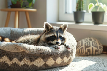 Raccoon rests in a pet bed. Generative AI