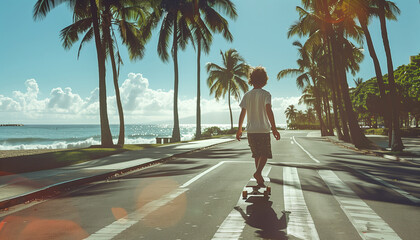 16YO teenager boy on longboard moving down the street under palm trees to the beach under summer suN. Modern active teenslifestyle, fashion, vacations and active time spending lifestyle concept image - Powered by Adobe