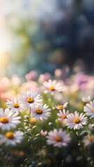 Daisies in the field, beautiful spring flowers, fresh green meadow with wild daisy flowers close-up, vertical background