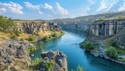 A river winds through a deep canyon with steep cliffs under a clear blue sky - Powered by Adobe
