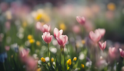 Fototapeta premium beautiful pink wild meadow flowers in spring, vertical landscape with purple pink flowers with blurred background. Soft pastel tones, magical nature copy space wallpaper