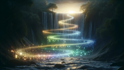 Enchanted Cosmic Waterfall with Light Stream